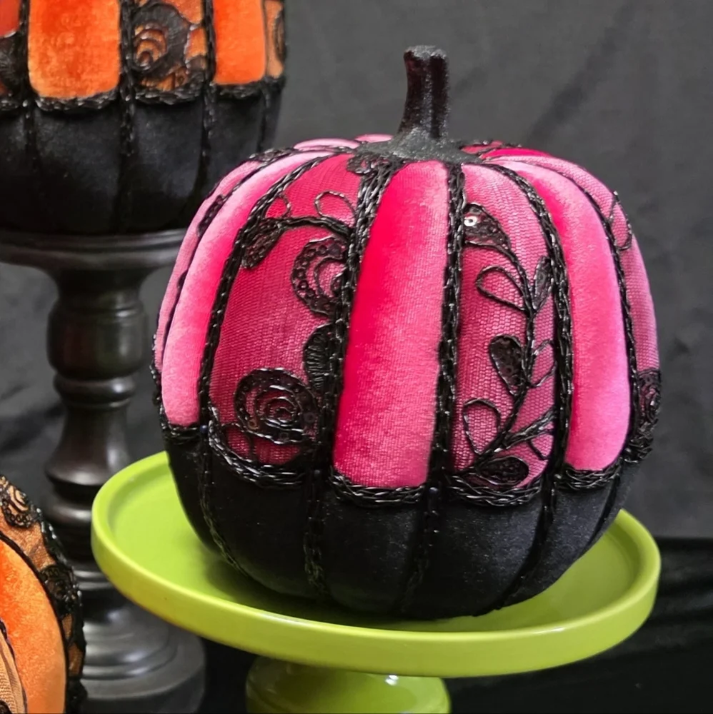 Glam Velvet Pumpkin, Hot Pink w/Black Velvet‎ Pumpkins, Black Lace, Cording